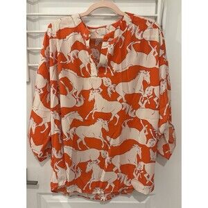 White Birch Large Orange &White Blouse Top With Horses,3/4 Roll Tab Sleeve, NWOT